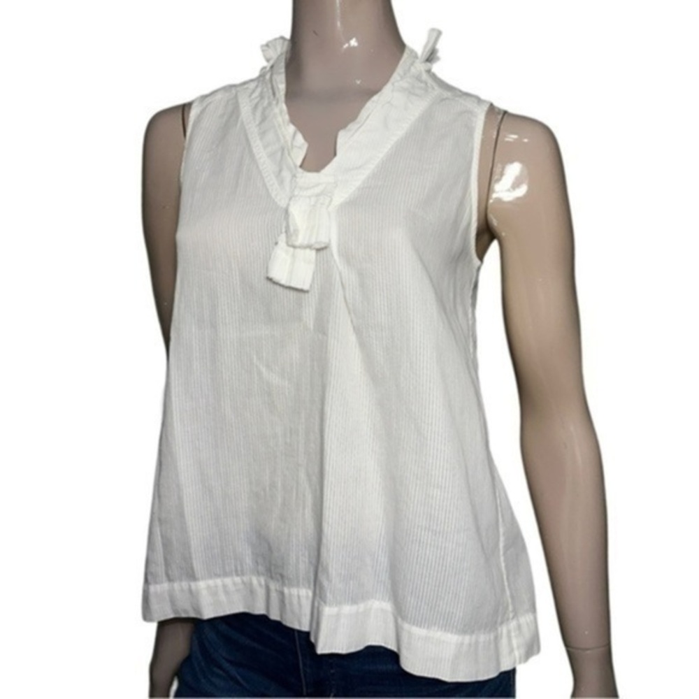 Sari Gueron Women’s 6 White Ruffle V-Neck Cotton Shadow Stripe Sleeveless Top